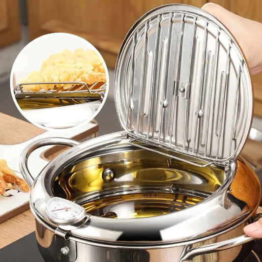 1pc -Stainless Steel Tempura Frying Pot with Thermometer & Lid – Oil-Saving Deep Fryer Pan