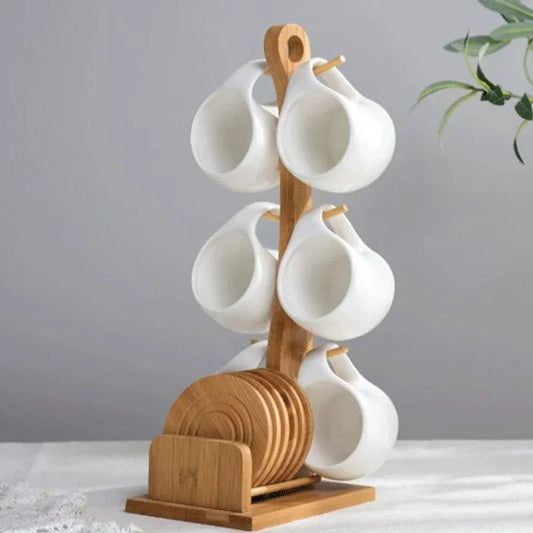 Ceramic Cup Set with Bamboo Tray