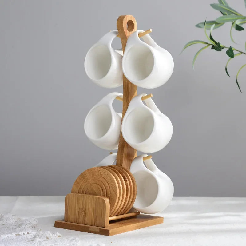Ceramic Cup & Saucer Set with Bamboo Tray