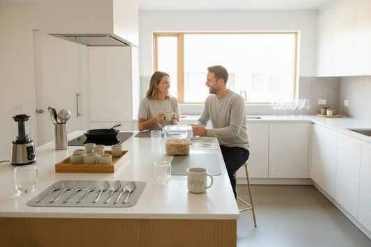 Happy couple enjoying coffee in a well-equipped kitchen with Pellikanz kitchen essentials