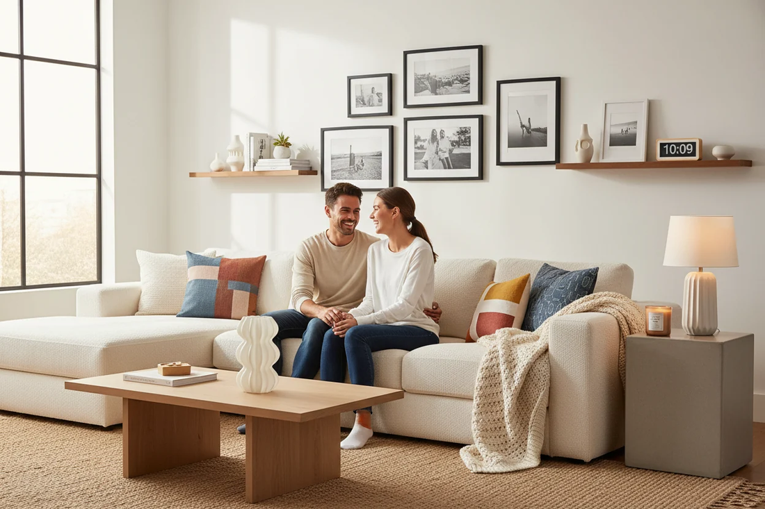 Couple relaxing in a beautifully decorated living room with Pellikanz home decor essentials