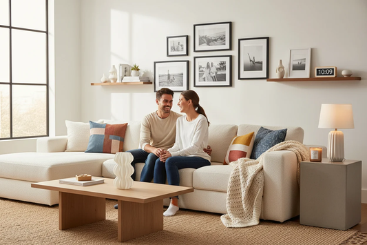 Couple relaxing in a beautifully decorated living room with Pellikanz home decor essentials