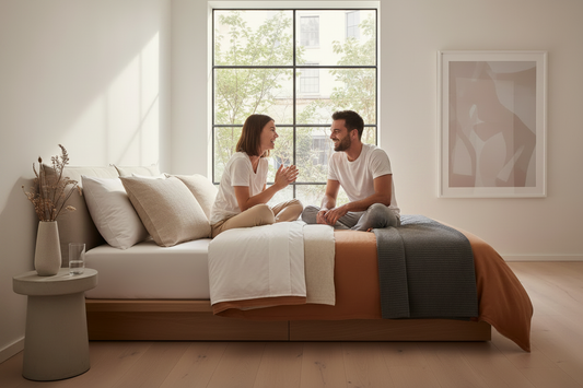 Woman relaxing in a beautifully styled bedroom with Pellikanz bedding essentials