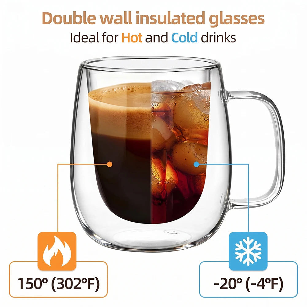 Illustration of a double-wall mug with hot and iced drinks and temperature labels.