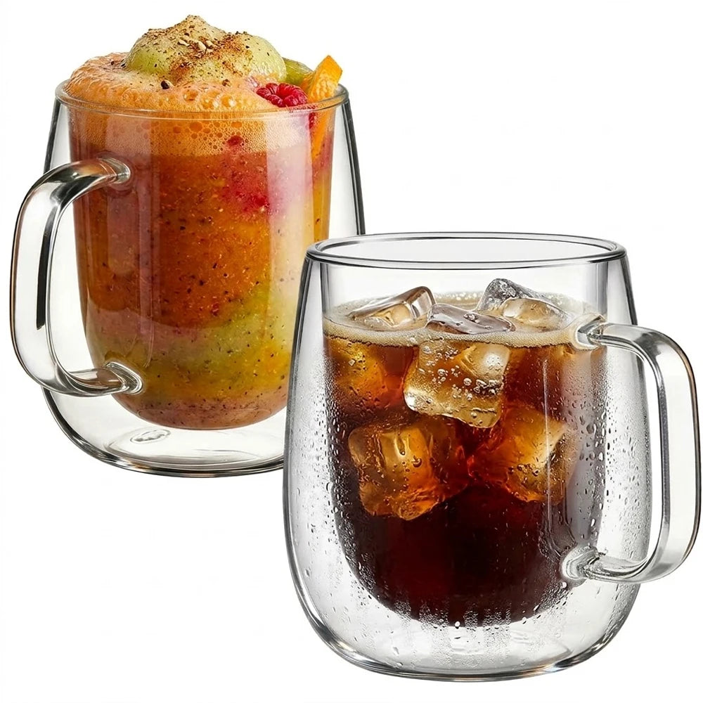 Two double-wall mugs displaying a fruit drink and an iced dark beverage.