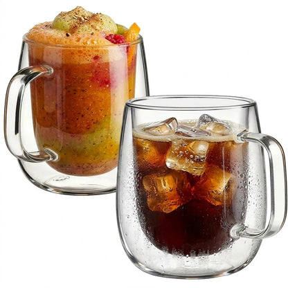 Two double-wall mugs displaying a fruit drink and an iced dark beverage.
