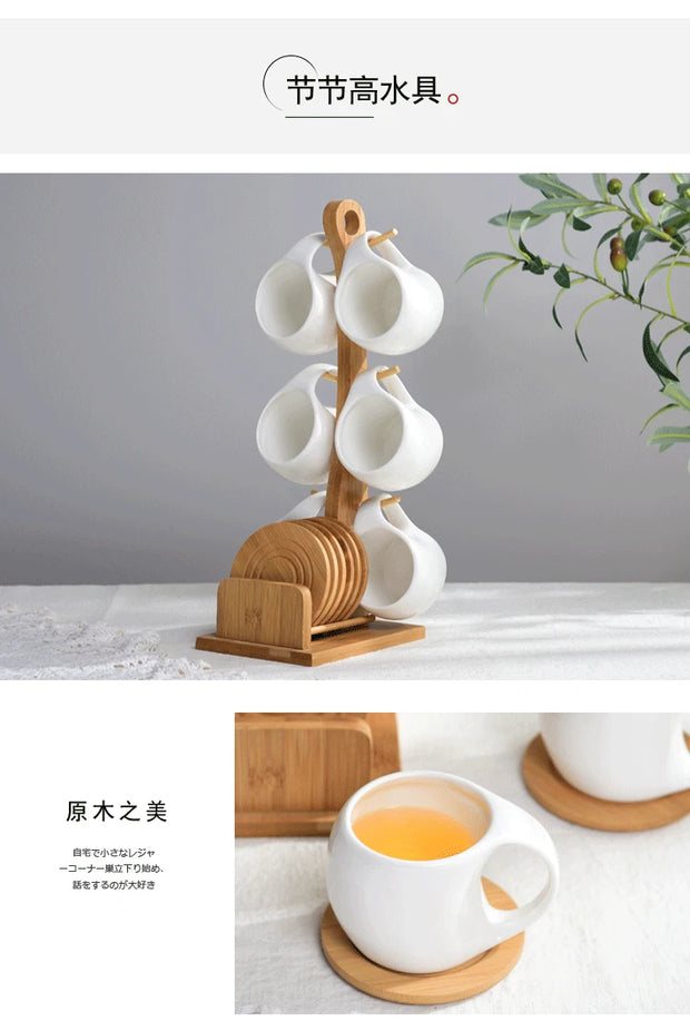Set of Ceramic Cups and Saucers with Bamboo Tray – 4 to 6 Pieces, Elegant and Heat Resistant Design.