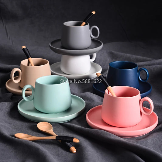 Nordic Ceramic Coffee Cup Simple Six-color Coffee Cup Set with Saucer and Spoon Home Office Cafe Fun Gifts