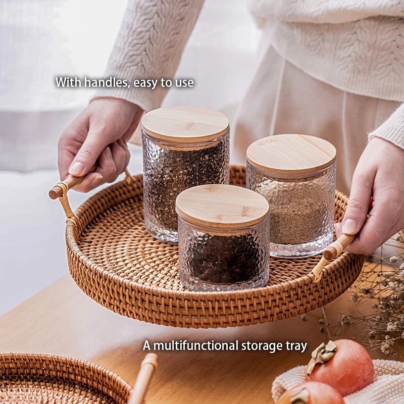 Handwoven Rattan Storage Tray With Wooden Handle Round Wicker Basket Bread Food Plate Fruit Cake Platter Dinner Serving Tray