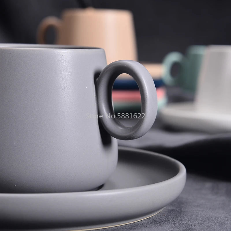 Nordic Ceramic Coffee Cup Simple Six-color Coffee Cup Set with Saucer and Spoon Home Office Cafe Fun Gifts