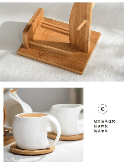 Ceramic Cup & Saucer Set with Bamboo Tray
