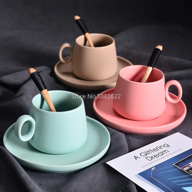 Nordic Ceramic Coffee Cup Simple Six-color Coffee Cup Set with Saucer and Spoon Home Office Cafe Fun Gifts