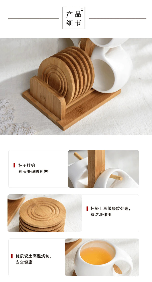 Set of Ceramic Cups and Saucers with Bamboo Tray – 4 to 6 Pieces, Elegant and Heat Resistant Design.