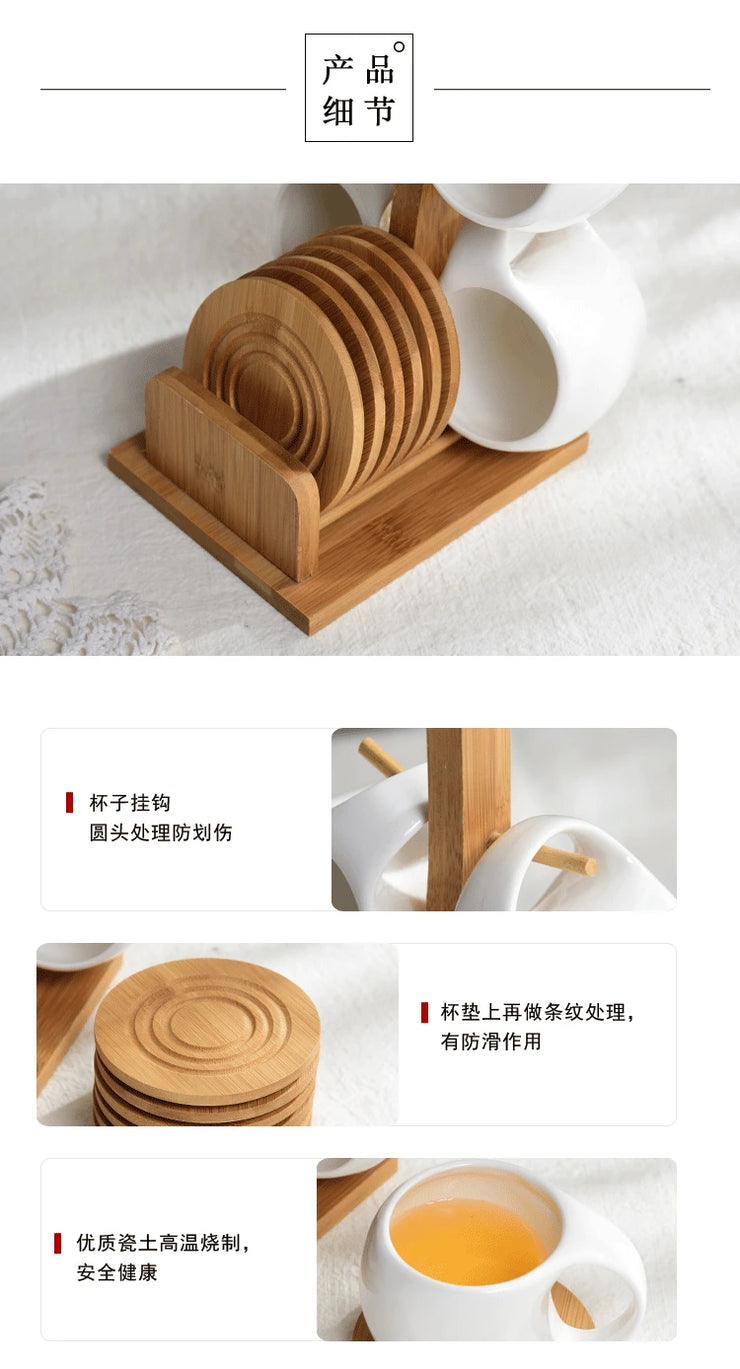 Set of Ceramic Cups and Saucers with Bamboo Tray – 4 to 6 Pieces, Elegant and Heat Resistant Design.