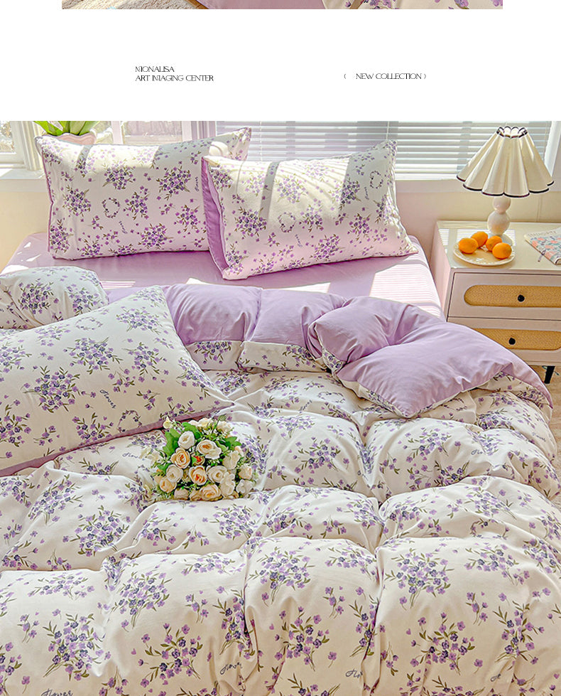 Floral Printed Bedding Set – Duvet Cover with Flat Sheet & Pillowcases