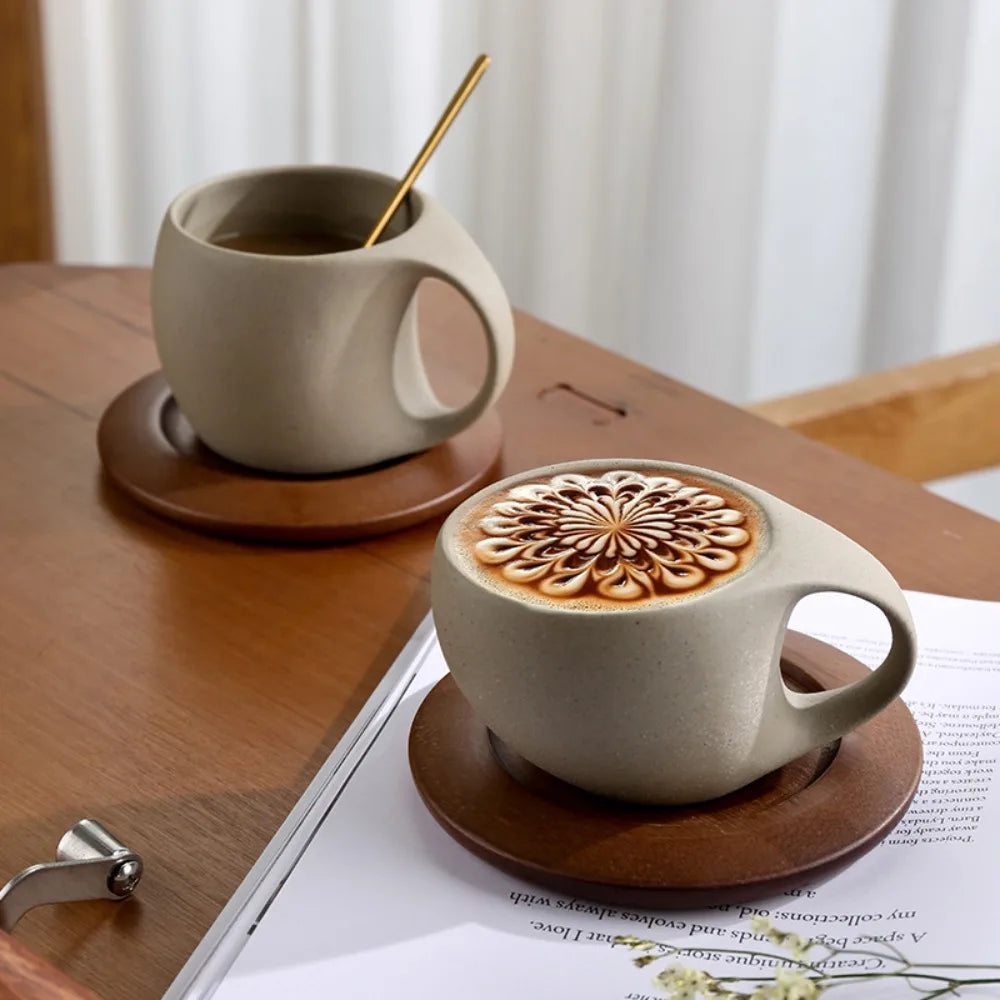 Artisan Pottery Coffee Cup with Wood Saucer