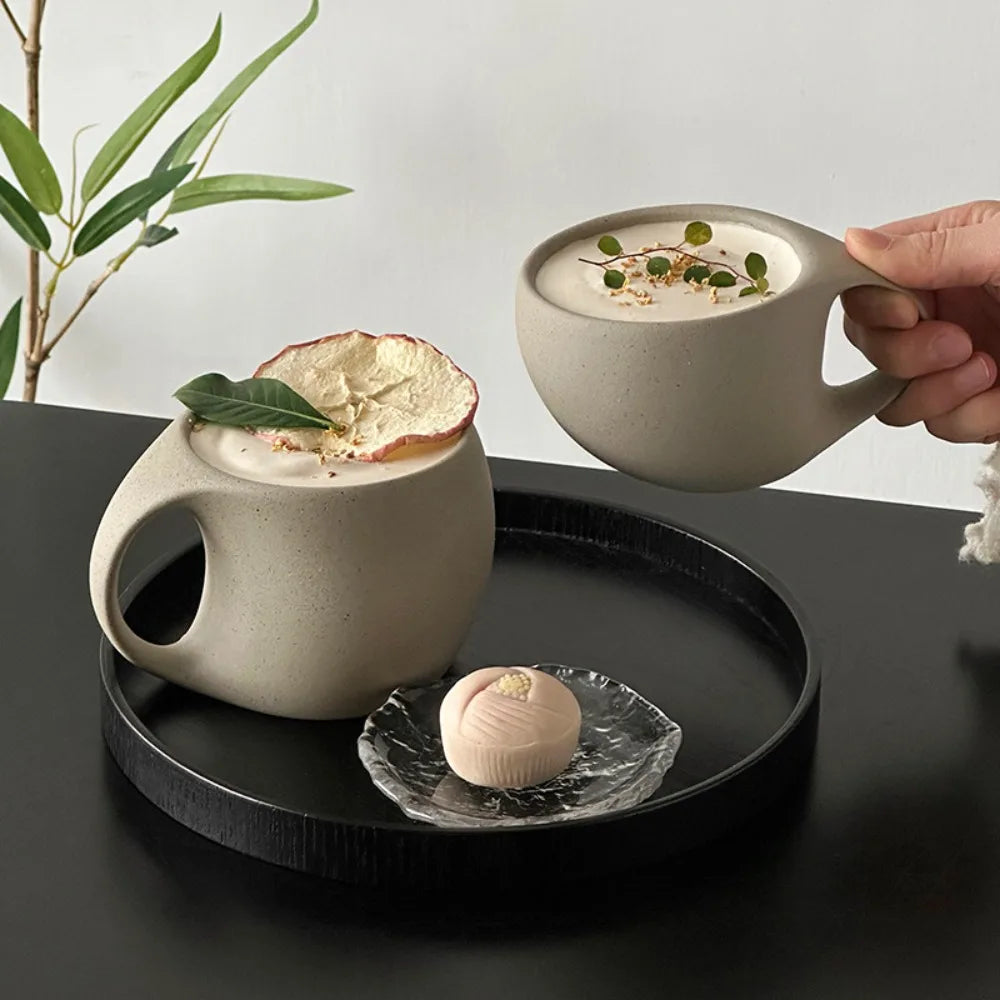 Artisan Pottery Coffee Cup with Wood Saucer