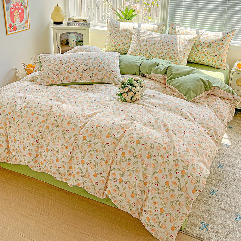 Floral Printed Bedding Set – Duvet Cover with Flat Sheet & Pillowcases