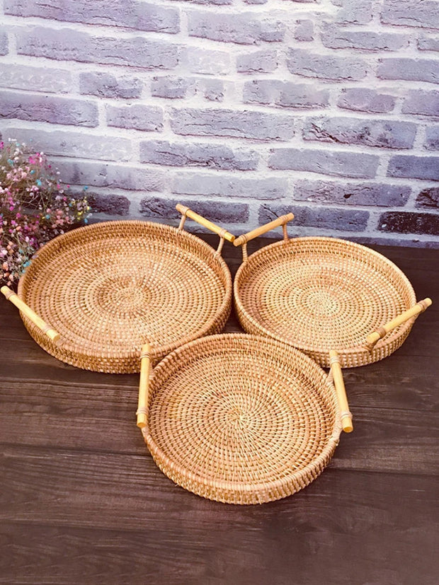 Woven Rattan Round Tray with Strap