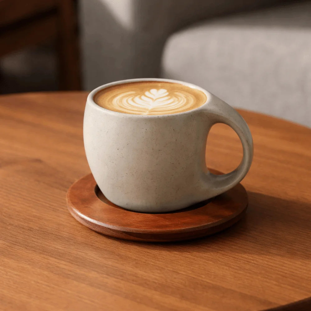 Artisan Pottery Coffee Cup with Wood Saucer