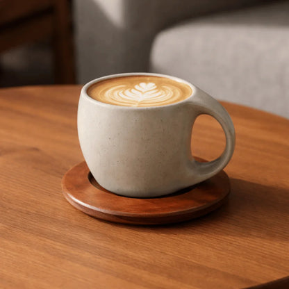 Artisan Pottery Coffee Cup with Wood Saucer