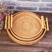 Woven Rattan Round Tray with Strap