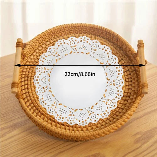Woven Rattan Round Tray with Strap