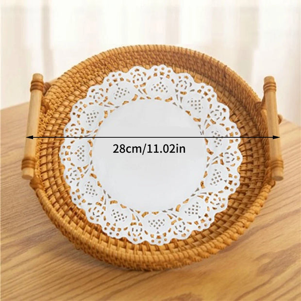 Woven Rattan Round Tray with Strap