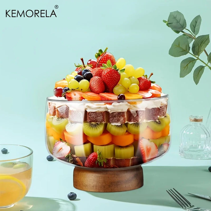 KEMORELA Large Glass Bowl Elegant Wooden Stand