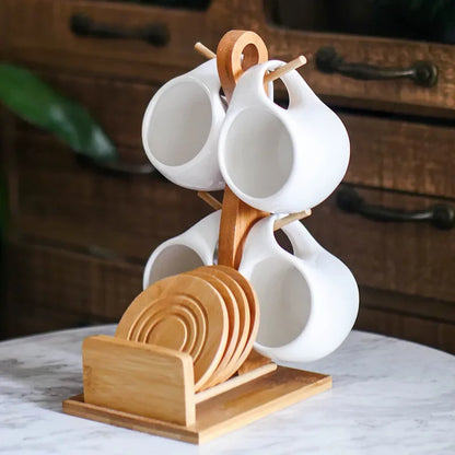 Ceramic Cup & Saucer Set with Bamboo Tray