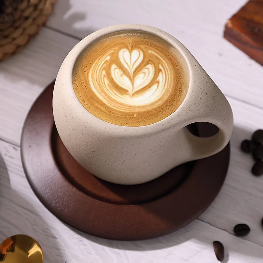 Artisan Pottery Coffee Cup with Wood Saucer