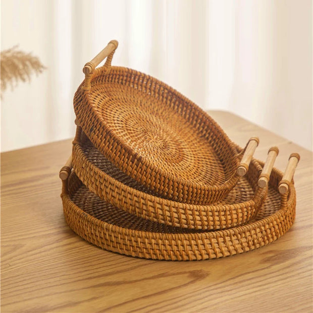 Woven Rattan Round Tray with Strap
