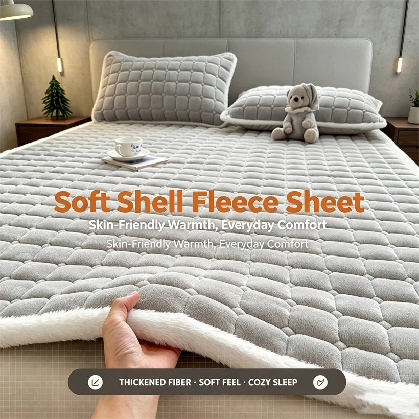 Gray fleece bedding photograph with promotional text and a lifted corner.