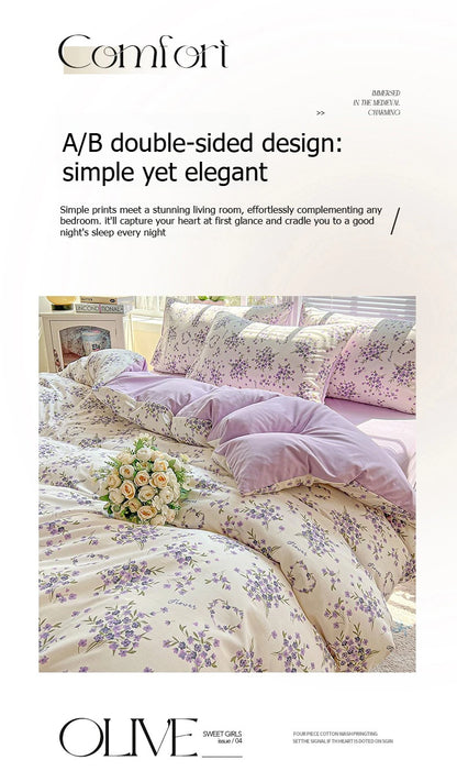Floral Printed Bedding Set – Duvet Cover with Flat Sheet & Pillowcases