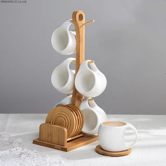 200ml Ceramic Coffee Cup Household Mug Creative Simple Hanging Cold Water Cup Set Kitchen Restaurant Tea Set Bamboo Wood Stand