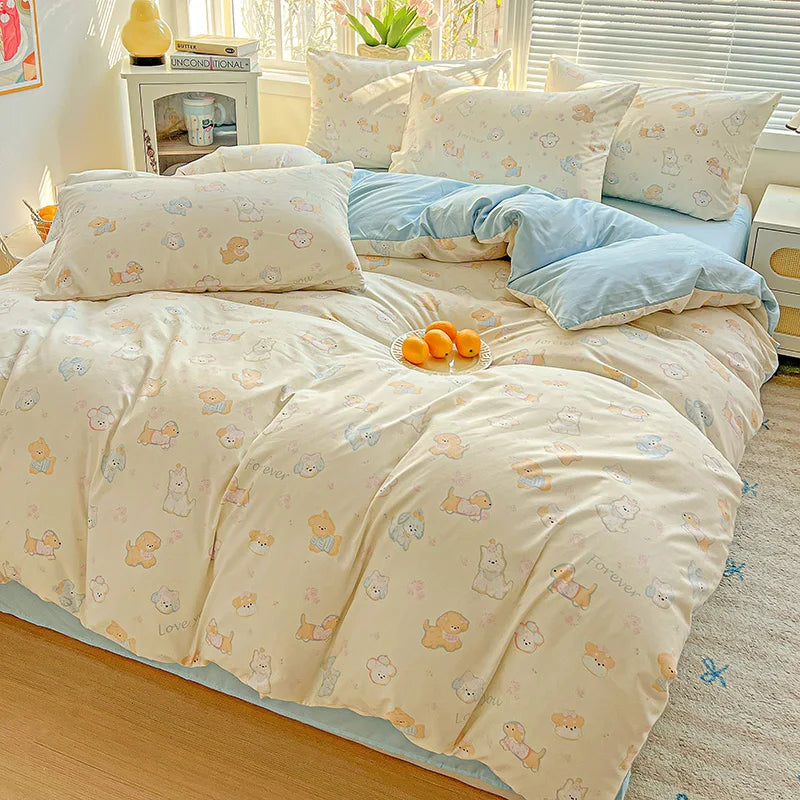 Floral Printed Bedding Set – Duvet Cover with Flat Sheet & Pillowcases