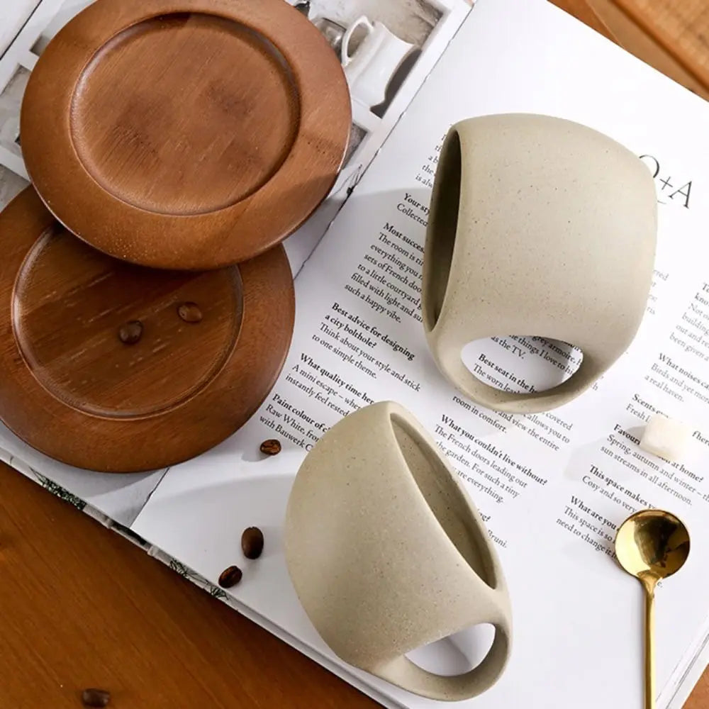 Artisan Pottery Coffee Cup with Wood Saucer