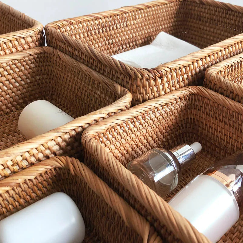 Handwoven Rattan Storage Basket Fruit Tea Snack Bread Picnic Basket Cosmetic Storage Box Wicker Basket Organizer Rattan Basket