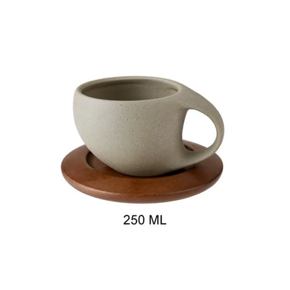 Artisan Pottery Coffee Cup with Wood Saucer