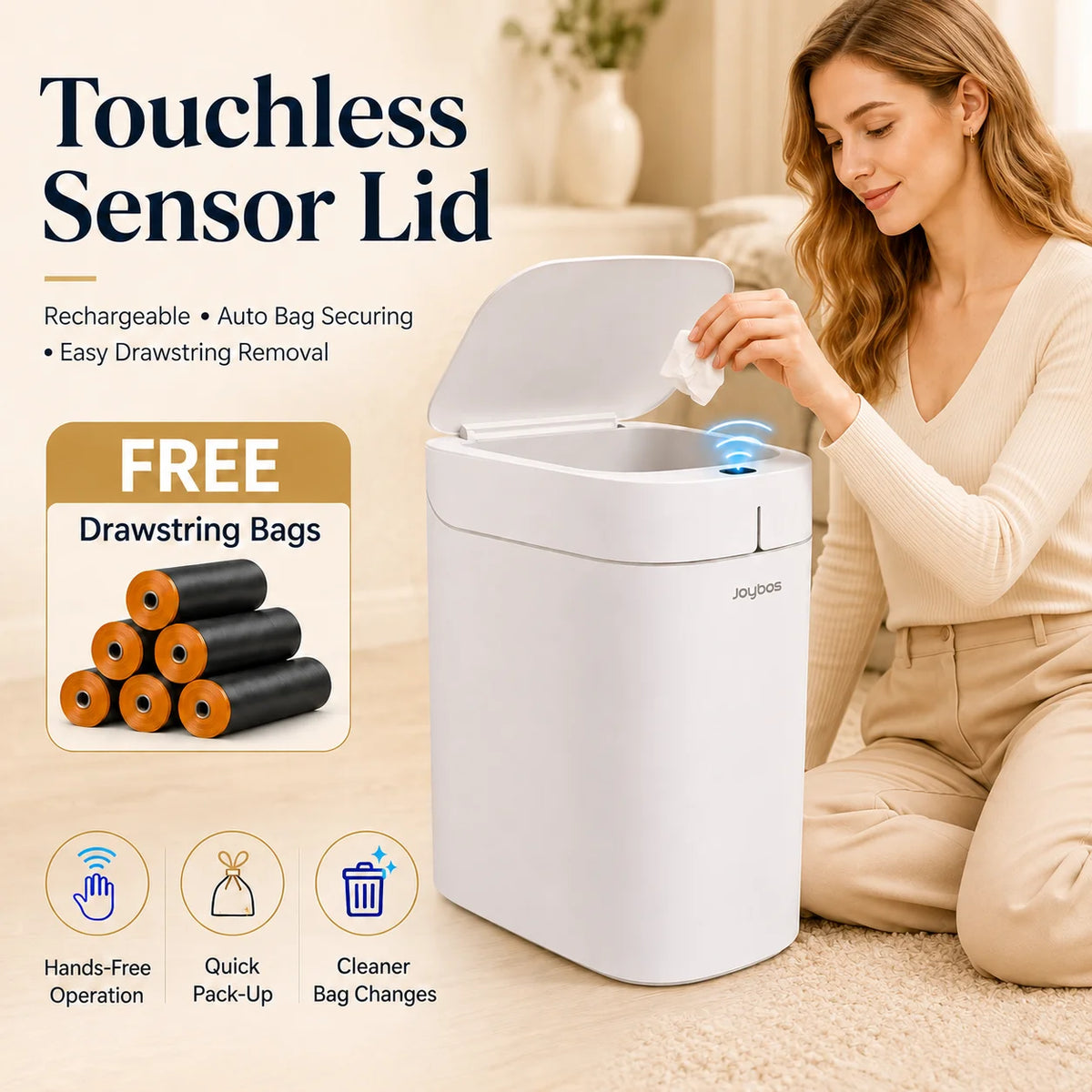 Smart Touchless Trash Can with Automatic Bag Lining System