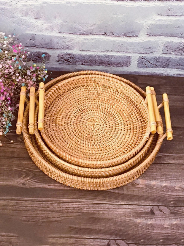 Woven Rattan Round Tray with Strap