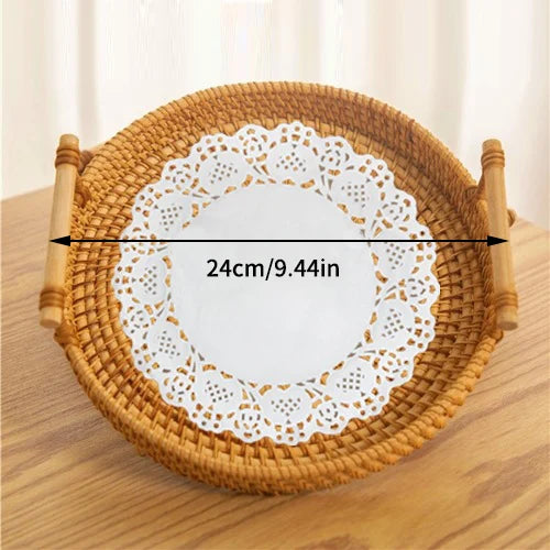 Woven Rattan Round Tray with Strap