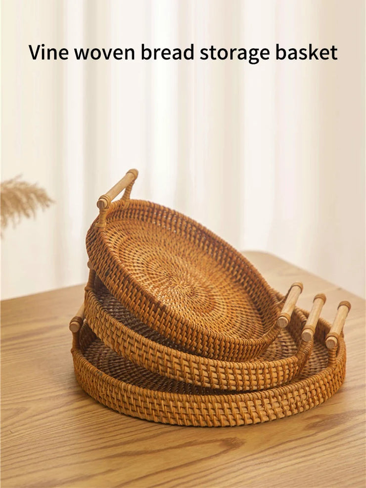 Woven Rattan Round Tray with Strap