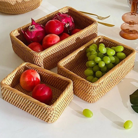 Handwoven Rattan Storage Basket Fruit Tea Snack Bread Picnic Basket Cosmetic Storage Box Wicker Basket Organizer Rattan Basket