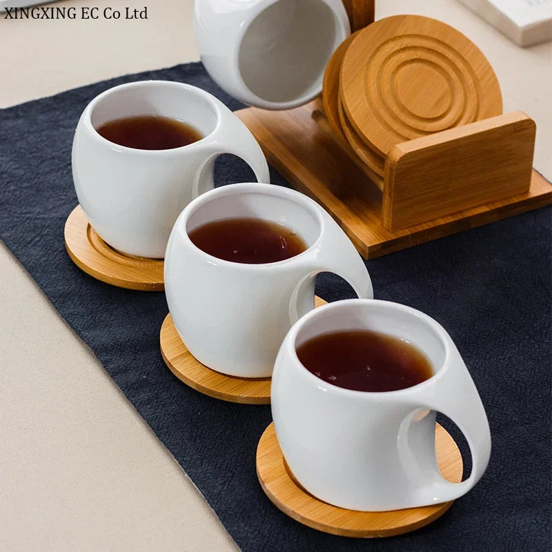 200ml Ceramic Coffee Cup Household Mug Creative Simple Hanging Cold Water Cup Set Kitchen Restaurant Tea Set Bamboo Wood Stand