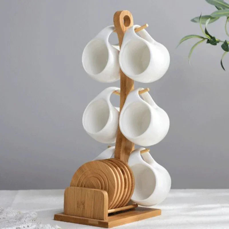 Ceramic Cup Set with Bamboo Tray