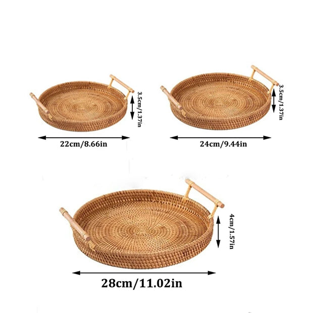 Woven Rattan Round Tray with Strap
