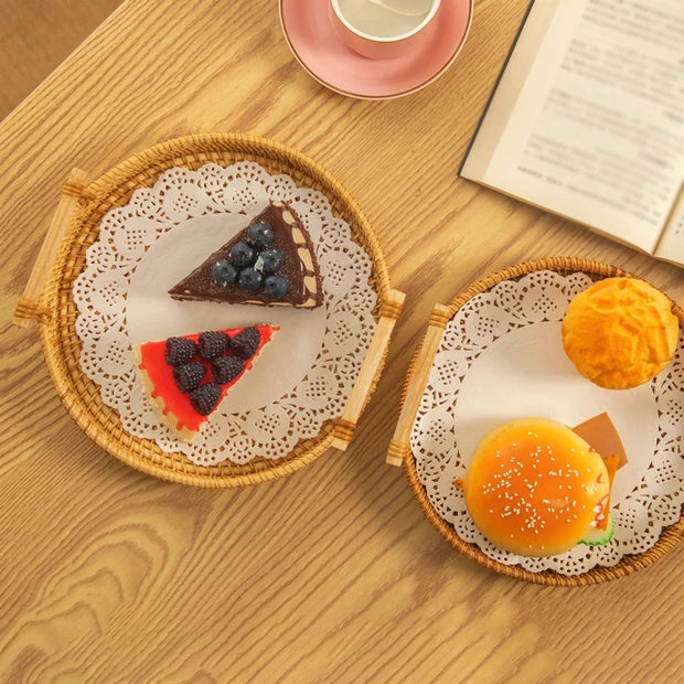Woven Rattan Round Tray with Strap