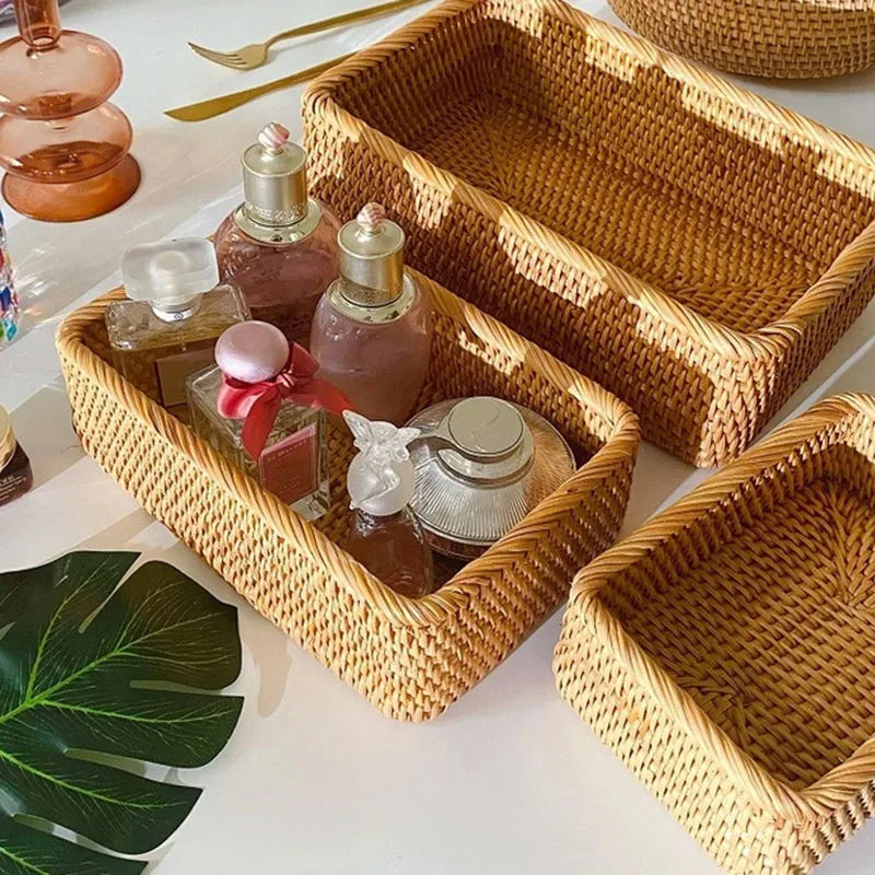 Handwoven Rattan Storage Basket Fruit Tea Snack Bread Picnic Basket Cosmetic Storage Box Wicker Basket Organizer Rattan Basket