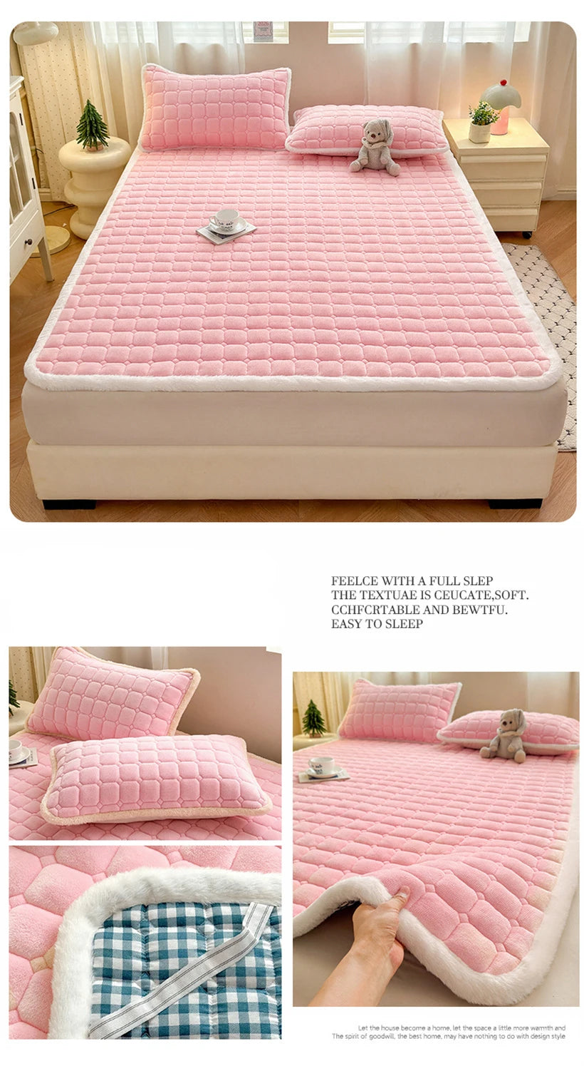 Pink fleece bedding collage showing matching pillowcases and checked backing.